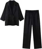 [Zadaos] European And American Style Spring Summer Women'S Wrinkle Effect Double Breasted Suit Jacket Pants Set
