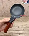 Real Mini Cooking 8.5cm Cast Iron Frying Flat Wok Pot Pan Wood Handle Toy Gift