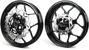 Gloss Black Front Rear Wheel Rims and Brake Discs Rotors Compatible with Yamaha YZF R3 R25 MT03 MT25 2015-2024 ABS include, Motorcycle Replacement Accessories Parts