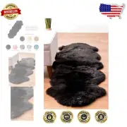 All-Natural 2x6ft Fluffy Black Sheepskin Rug - Perfect for Living & Bedrooms