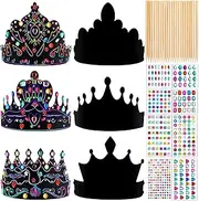 Yinder 80 Pcs Crafts Crowns Set DIY Scratch Paper Crowns with Rainbow Color Headband Hats Wooden Styluses Craft Elastic Bands Colorful Gem Jewels Stickers for Boys Girls Adults