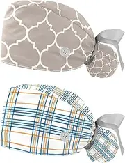 [WOSHJIUK] Working Hat 2 Pack Scrub Caps for Women,Modern Gray Moroccan,Tie Back Cap Adjustable Scrub Hat