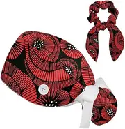 [FVQL] 2 Pcs Nurse Caps for Women, Surgical Cap with Hair Scrunchies, Ponytail Scrub Cap, Floral Poppies Flowers Abstract Art