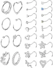 [Kakonia] 26 Pcs 20G Nose Ring Nose Stud Surgical Steel Nose Piercings Set CZ Shiny Septum Piercing Butterfly Snake Nose Studs Piercing Nose Rings Gold Silver Nose Piercings Jewellery for Women Men