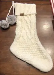 UGG KOOLABURRA Christmas Ivory Cable Knit Holiday Stocking Pom Poms NWOT