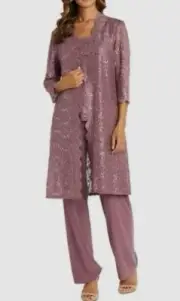 R&M Richards Womens Pink Sequined Lace Top Pants & Jacket 3pc Set Petite Size 8P