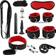 11PCS Bondage Set Erotic Suit Sex Bondage Toys for Couples Bed Restraints Set Adjustable Neck and Leg Cuffs Kit Sexy Swing Sex Restraintants Set with Anal Plug Trainer Kit (Red)