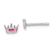 Sterling Silver Rhodium-Plated Polished & Pink Enameled Heart Crown Children'S Post Earrings