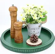 Hrastany Green Round Wood Decorative Ottoman Tray for Coffee Table Kitchen Counter, Living Room, Handcrafted Green Wooden Serving Tray for Table Centerpiece