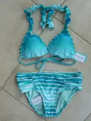 Seafolly Bikini Miami Tri Halter Top 10 & Miami Stripe Ruched Side Retro Pant 10