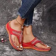 [JSMY] Women Summer Wedge Sandals Ladies Sparkly Rhinestone Platform Flip Flops Thongs Comfort Clip Toe Beach Sandals Mule Clogs Shoes Slip on Slides Sandals Walking Slippers,Red,US8/EU39
