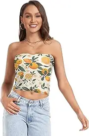 [RPLIFE] Vintage Oranges Flowers Coastal Summer Tops, Strapless Top for Women, Sheer Tube Tops, Trendy Crop Tops (S)