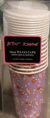 Betsey Johnson Halloween Candy Themed To Go Cups-Lids-Sleeves 16 Oz NIB