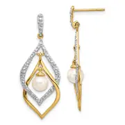 14k Yellow Gold 5-6mm White Round FWC Pearl .02ct Real Diamond Dangle Earrings