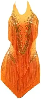 [JRUIA] Women's Fringe Latin Dance Dress Cha Cha Ballroom Dancewear Salsa Shiny Performance Costumes Skirt for Samba Tango