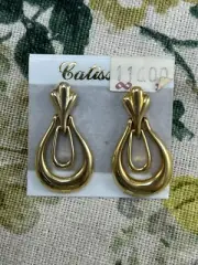 VINTAGE 1980s CATISSA statement gold hinged drop pierced earrings NEW ON CARD
