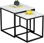 TINGTINGLI Sofa Side Table, 2 Square Sets Of Tables, Modern Minimalist Coffee Table, Small Coffee Table For Living Room, Stacking Design, Small Footprint, Suitable For Living Room(Black+white marble)