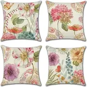 Decorative Throw Pillow Covers Set of 4, 18x18 Inch Square Cushion Covers Decoration Pillowcases Linen Cushion Case for Sofa Patio Living Room Couch Home (Pink Flower Painting, 45x45cm/18x18inch/4pcs)
