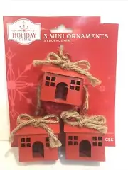 Christmas Tree Ornament 3 Mini Metal House 1.5” By Holiday Time
