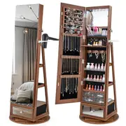 Giantex Swivel Mirror Jewelry Cabinet LED Light Lockable Jewelry Organiser w/Hair Dryer Rack & Storage Shelves & Foldable Drawer Walnut