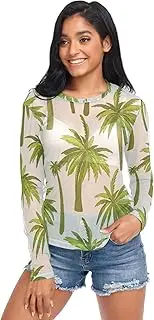 [RPLIFE] Green Palm Trees Beige Womens Mesh Sleeve Top, Sheer Sleeve Top S-XXL