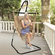 CostwayHammock Chair with Adjustable Steel Sand &amp; Pillow &amp; Cushions-Beige