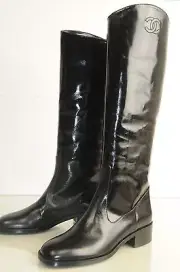 $1700 New Chanel ASCOT CC Black Knee High Riding Flat Boots Shoes 35