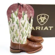 Ariat Fonda Western Boots Cactus Print Brown Leather Square Toe Sz 38 / 7.5