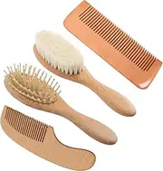 Baby Hair Brush and Comb Set, Newborn Hair Brush with Soft Bristle, Massage Brush, Prevent Cradle Cap, Natural Soft Goat Bristles for Infant, Toddler (4pcs)