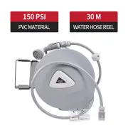 30M Retractable Garden Water Hose Reel Rewind Wall Mount 150 PSI With Spray Gun