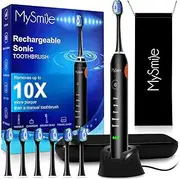 MySmile Electric Toothbrush for Adults, Rechargeable Sonic Electronic Toothbrush with 6 Brush Heads and Travel Case, 2 Mins 5 Modes Smart Timer, 48000VPM (Black)