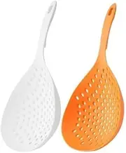 2 Pieces Strainer Scoop Colander Slotted Pasta Spoon Plastic Skimmer Spoon with Handle Food Drain Shovel for Kitchen Cooking, White and Orange
