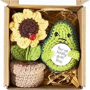 Positive Mini Avocado Gifts, 2PCS Emotional Support Sunflower Pot Desk Decoration, Crochet Wool Knitted Doll, Positive Potato Funny Gifts for Women Mom Friend New Year Birthday (Sunflower & Avocado)