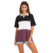 MSRP $48 Volcom Women's Short Sleeve Polo Shirt Black Colorblock Size Large