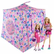 Light Pink, Multi Color Flower Print Toy Dollhouse, 2 Sleeping Bags, Handmade