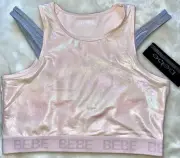 BEBE Tank Top Sports Bra Teens L 14/16 Creole Pink/Silver New W/ Tag Lightweight
