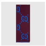 二手正品 GUCCI GG JACQUARD WOOL SILK SCARF 雙面羊毛 紫色 藍色 厚質 圍巾