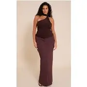 Plus Deep Chocolate Premium Linen A Line Maxi Skirt, Deep Chocolate