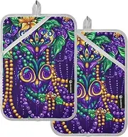 Large Pot Holders Heat Resistant Mardi Gras Carnival Purple Gold Green Potholder with Pocket Hot Pad Holder Oven Pad 2 Pack