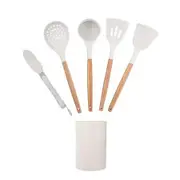 5 PCS White Silicone Wooden Handle Kitchenware Set Food Grade High Temp Resistant Heat Insulation Spatula Shovel Soup Spoon Food Clip