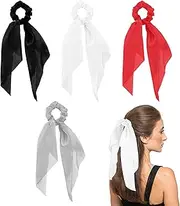 Dimeho 4 Pcs Hair Scarf Scruncheis, Cute Ribbon Bow Hair Ties for Women Satin Hair Scrunchies with Ribbon Tails Elastic Hair Bands Ponytail Holder Hair Accessories (Black/White/Red/Grey)