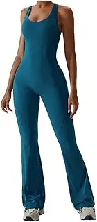 [Generic] Womens Flare Jumpsuit with Bra Tummy Control Cutout Romper Workout Outfit Sleeveless Unitard One Piece Backless Bodysuit