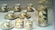 Imari Japanese 17 PIECE PEACOCK RED COFFEE SET - 6 CUPS/SAUCER-CREAM/SUGAR/POT