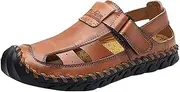 [HOTRA] Men's Sandals Leather Fashion Beach Shoes Flip Flops Comfortable Walking Sandals Closed Outdoor Shoes Adjustable Mules Slipper (Color : Brown, Size : 7)