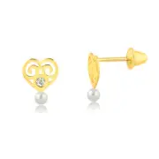 18k Solid Gold Heart Cubic Zirconia Pearl Push Back Stud Earrings Infants