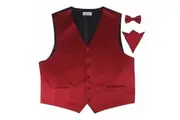 Mens Dark Red Plain Vest Waistcoat & Matching Bow Tie & Pocket Square