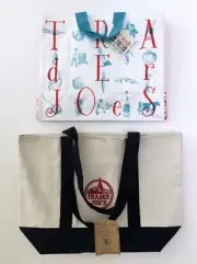 Trader Joe's Two New Tote Bags w/Tags, 1 Canvas & 1 Plastic Blue, Teal, & White