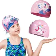 Pack of 2 Girls' Swimming Cap with Unicorn and Mermaid Pattern and Swimming Cap Children Made of Waterproof Silicone, Suitable for All Hair Types, Easy to Put On