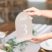 Frosted Arch Acrylic Table Numbers for Wedding Reception - 10 Pack 5" x 7" White Font Table Number Centerpiece Set with Holder Stands & Head Table Sign - Anniversary, Event, Party, Wedding Table