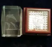 Crystal Glass 3D Laser Etched Hologram 3 Dolphin Family With changing Light Base